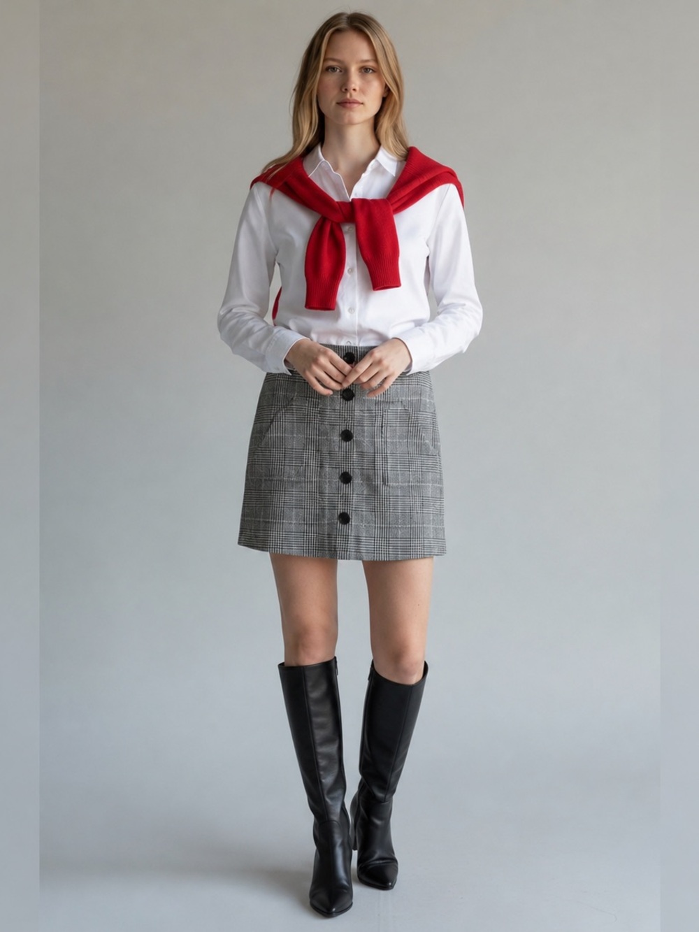 Veronica Beard Gray Cotton Blend Plaid Houndstooth Button-Front Mini Skirt SZ 0
